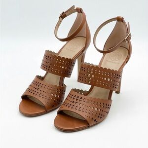 Tory Burch Brown Tan Leather Perforated Gladiator Wedge Sandals Size 7